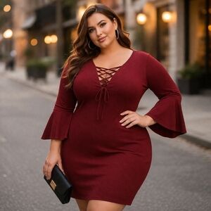 IRIS Lace Up Dress Plus Size 1X Burgundy Bell Sleeve Stretch Bodycon